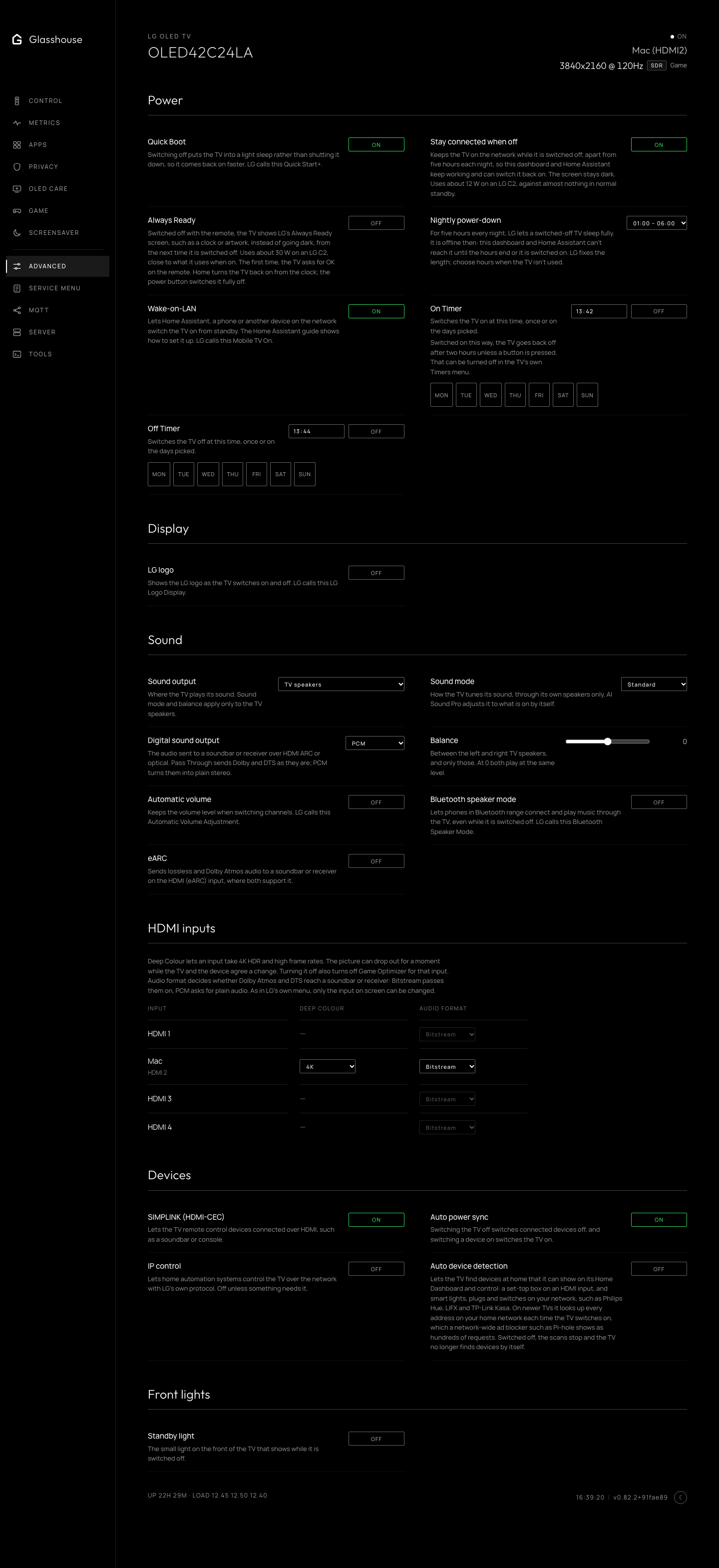 Advanced tab: Quick Boot, Stay connected when off with its nightly power-down hours, Wake-on-LAN, LG logo, auto device detection and the standby light