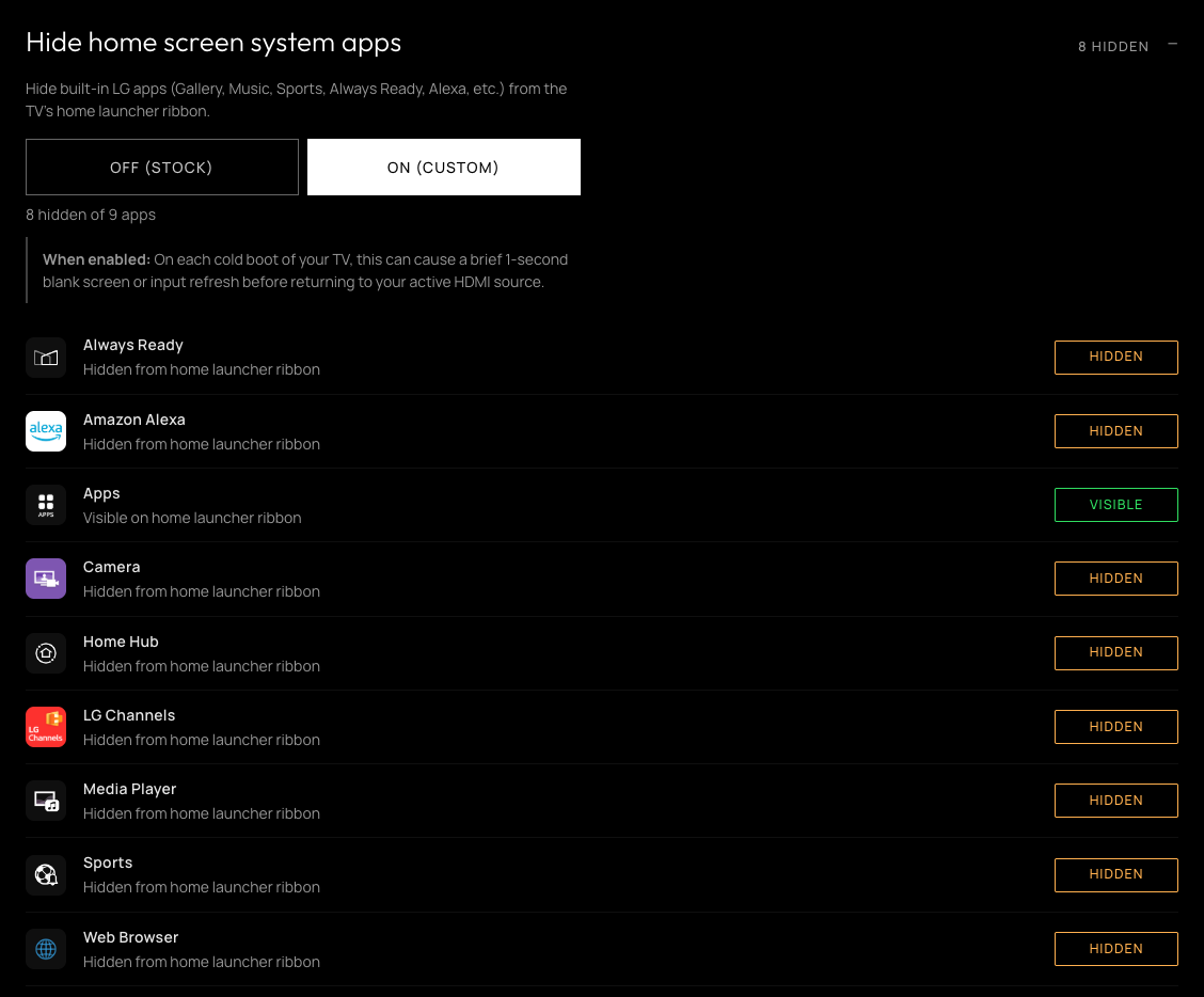 Hide home screen system apps switched on, with each built-in LG app as a tile marked hidden or shown