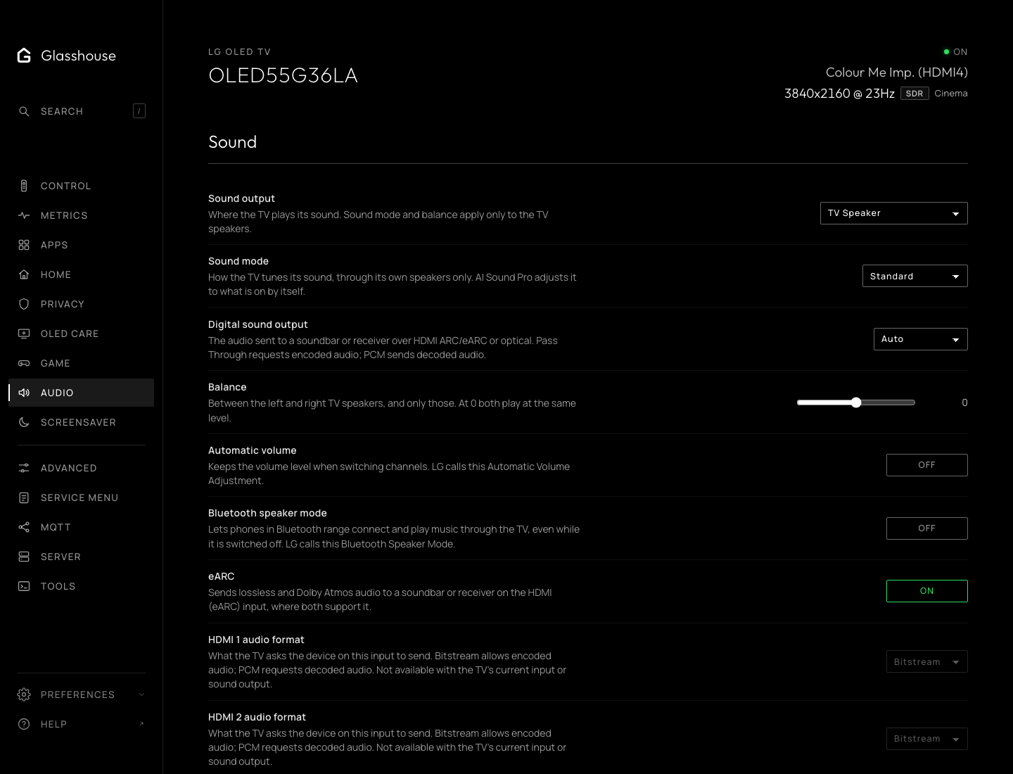 Audio tab on a G3: sound output, digital format, balance, automatic volume and eARC