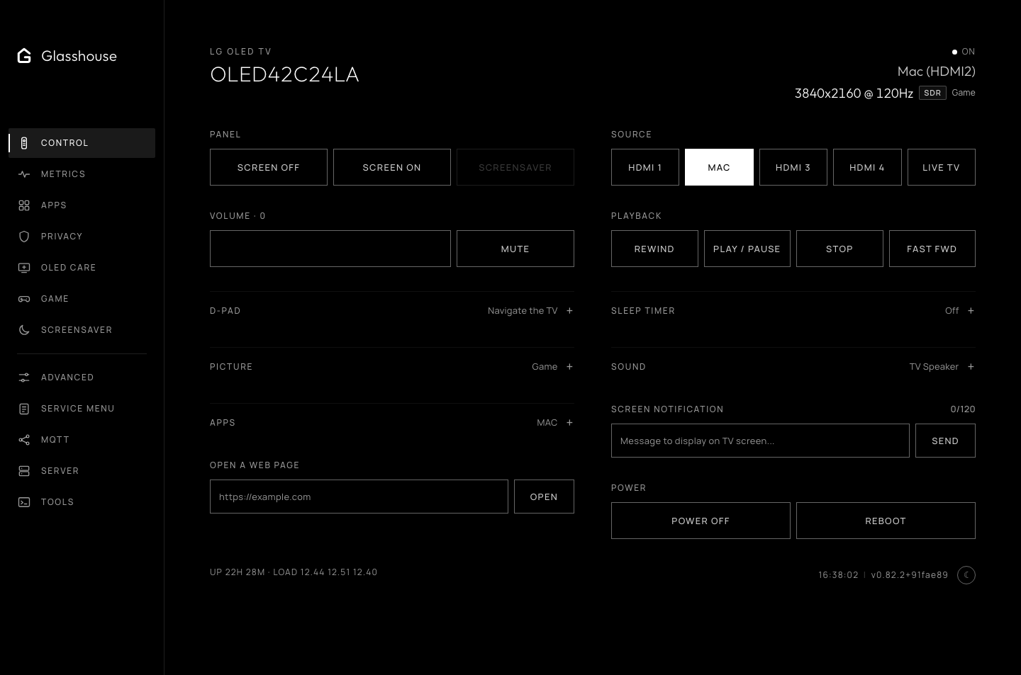 Control tab: panel, source, volume, playback, D-pad, sleep timer, picture, sound, apps, screen notifications, web page launcher and power