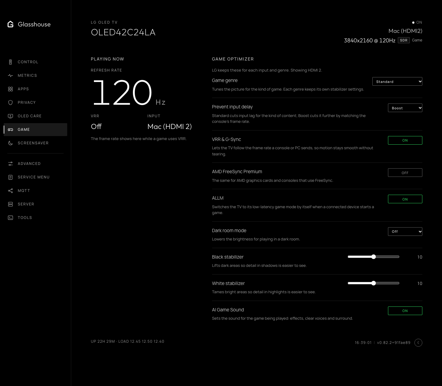 Game tab: live refresh rate and VRR status beside the Game Optimizer settings (game genre, prevent input delay, VRR & G-Sync, AMD FreeSync Premium, ALLM, dark room mode, black and white stabilizers, and AI Game Sound)