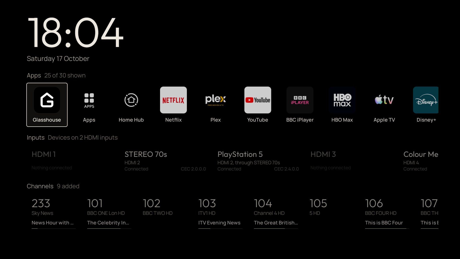 Glasshouse Home on its default pure black background