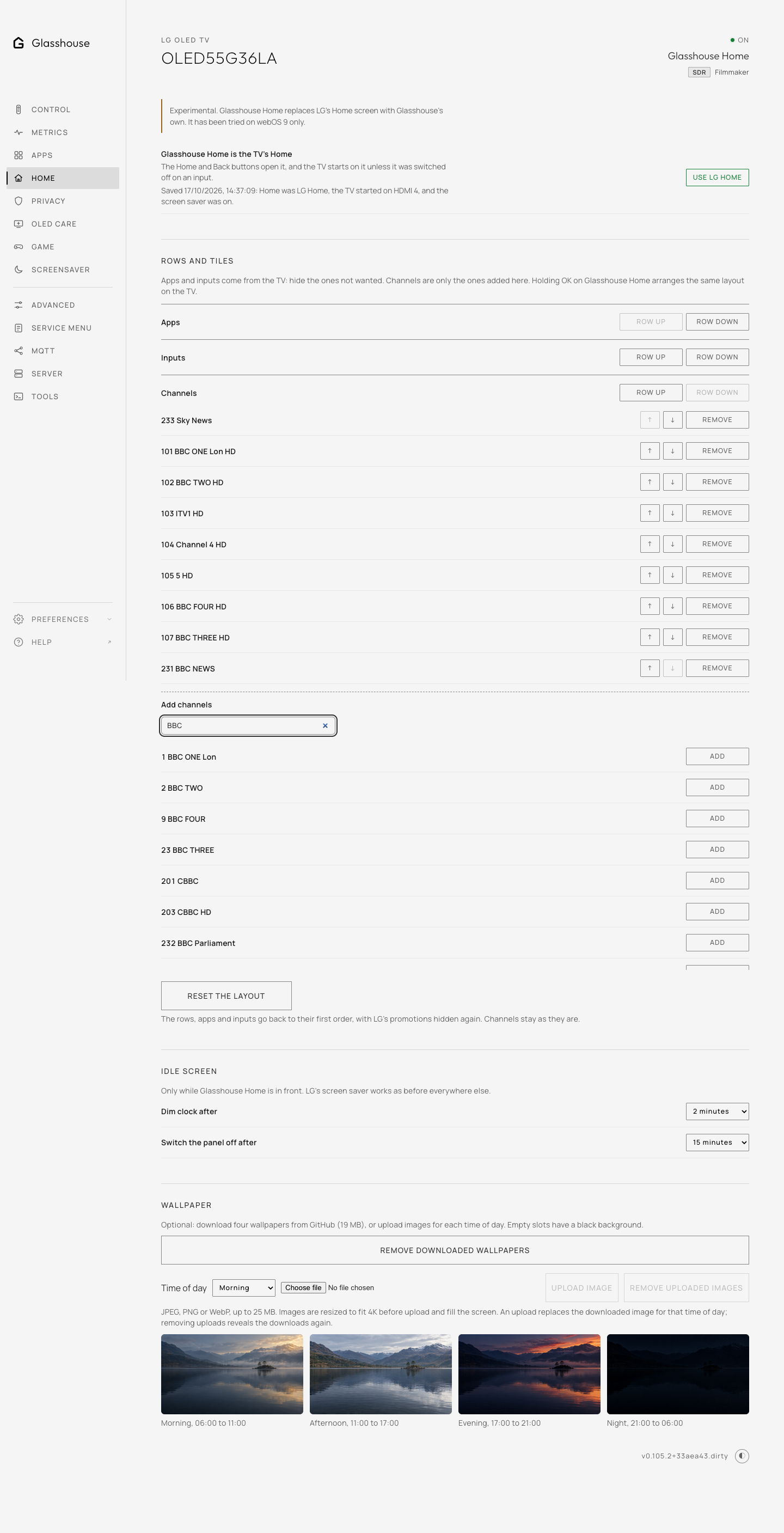 The Home tab in the browser dashboard: the Channels row with its added channels, and Add channels below them