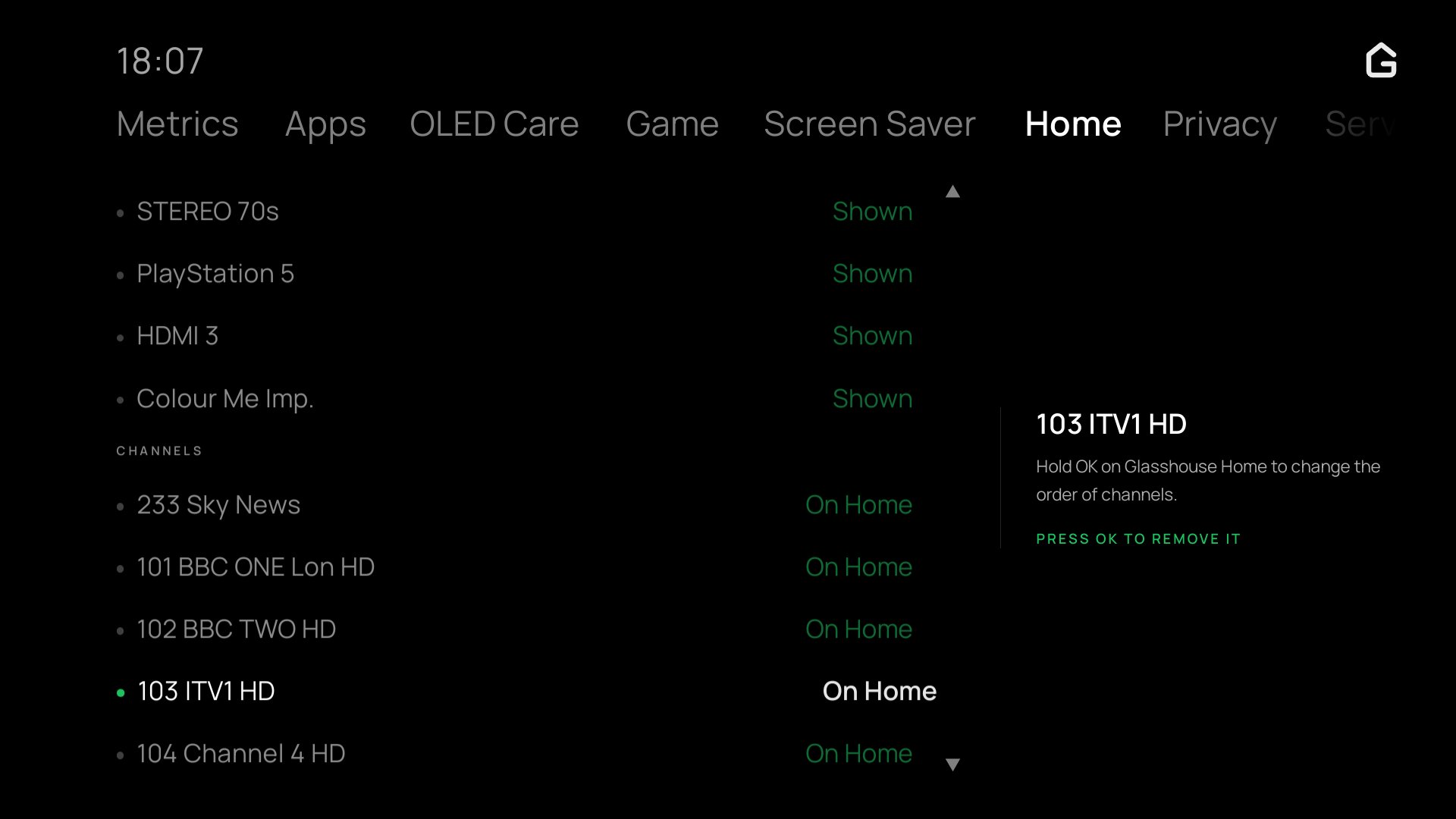 The Home section of the TV app: inputs shown or hidden, channels removed with OK, and Add channels
