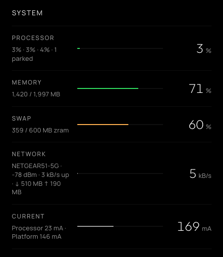 Metrics tab: processor, memory, swap and network readouts