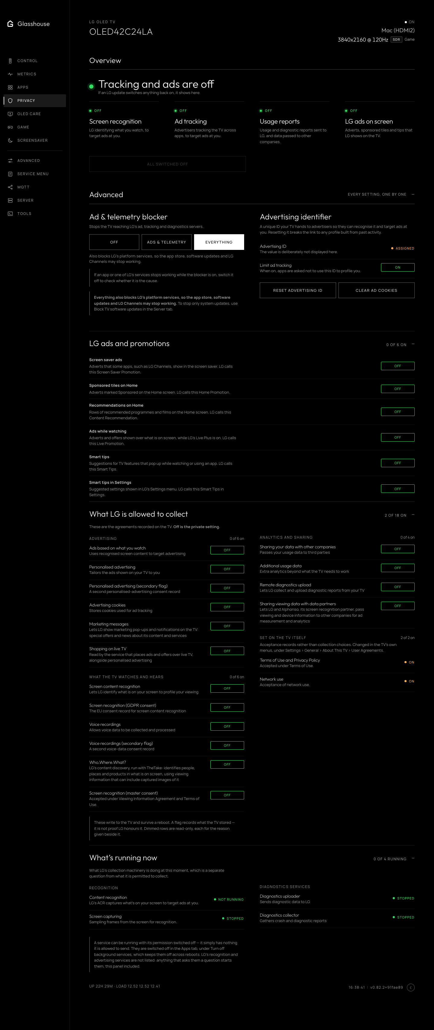 Privacy tab: an overview of what is still on, then the ad and telemetry blocker, advertising identifier, the data collection agreements grouped by subject with toggles, and what is running now