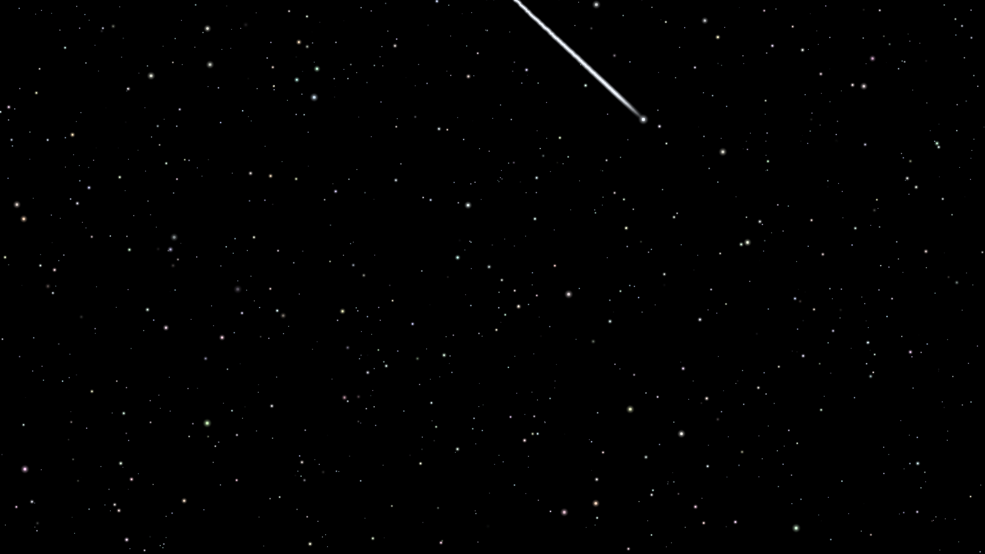 Starfield screen saver on OLED: drifting stars and meteor with ion trail