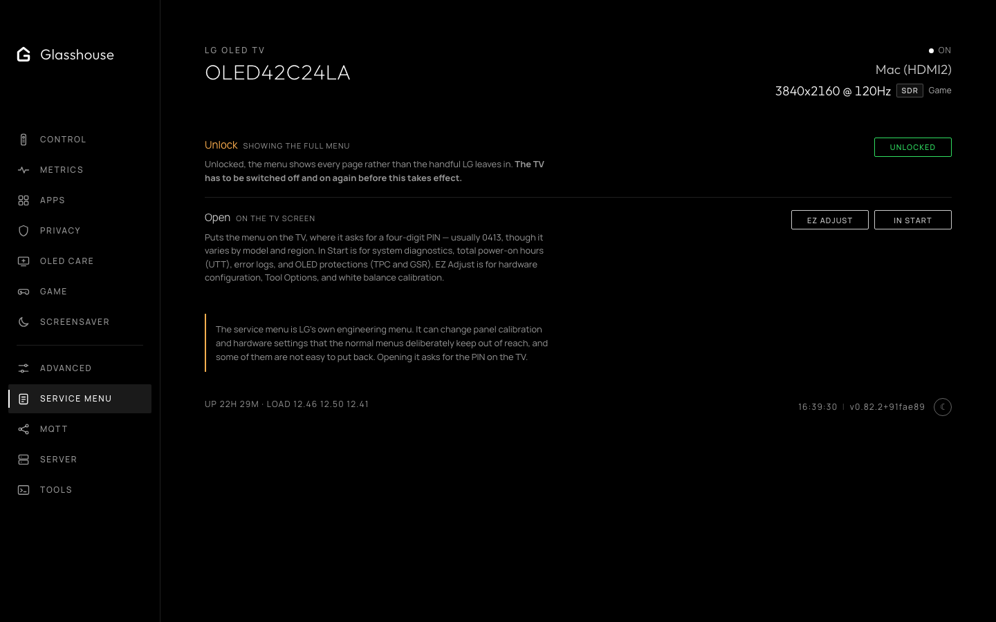 Service menu tab: unlock state with a power-cycle note, buttons to open EZ Adjust or In Start, and a warning about what the menu can change