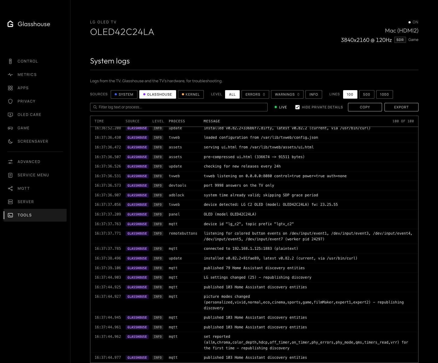 Tools tab: source, level and line filters, search, Live switch, and the log