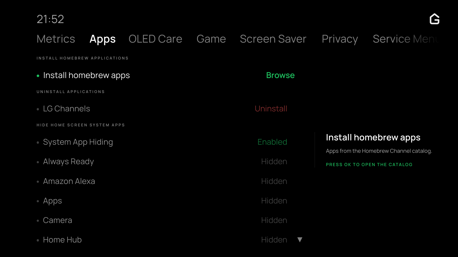 Apps tab on the TV app, showing Homebrew catalog installation and home screen app hiding