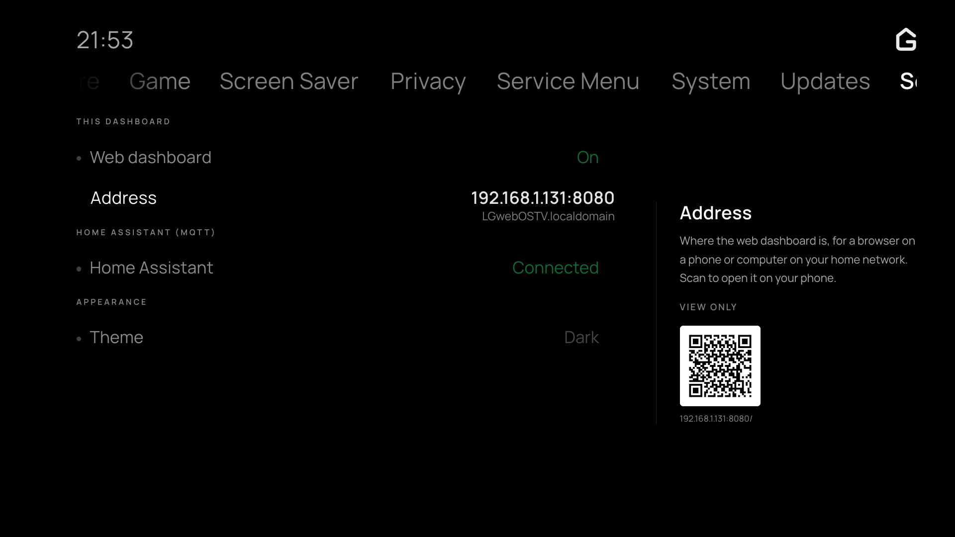 Settings tab on the TV app, showing web dashboard address and pairing QR code