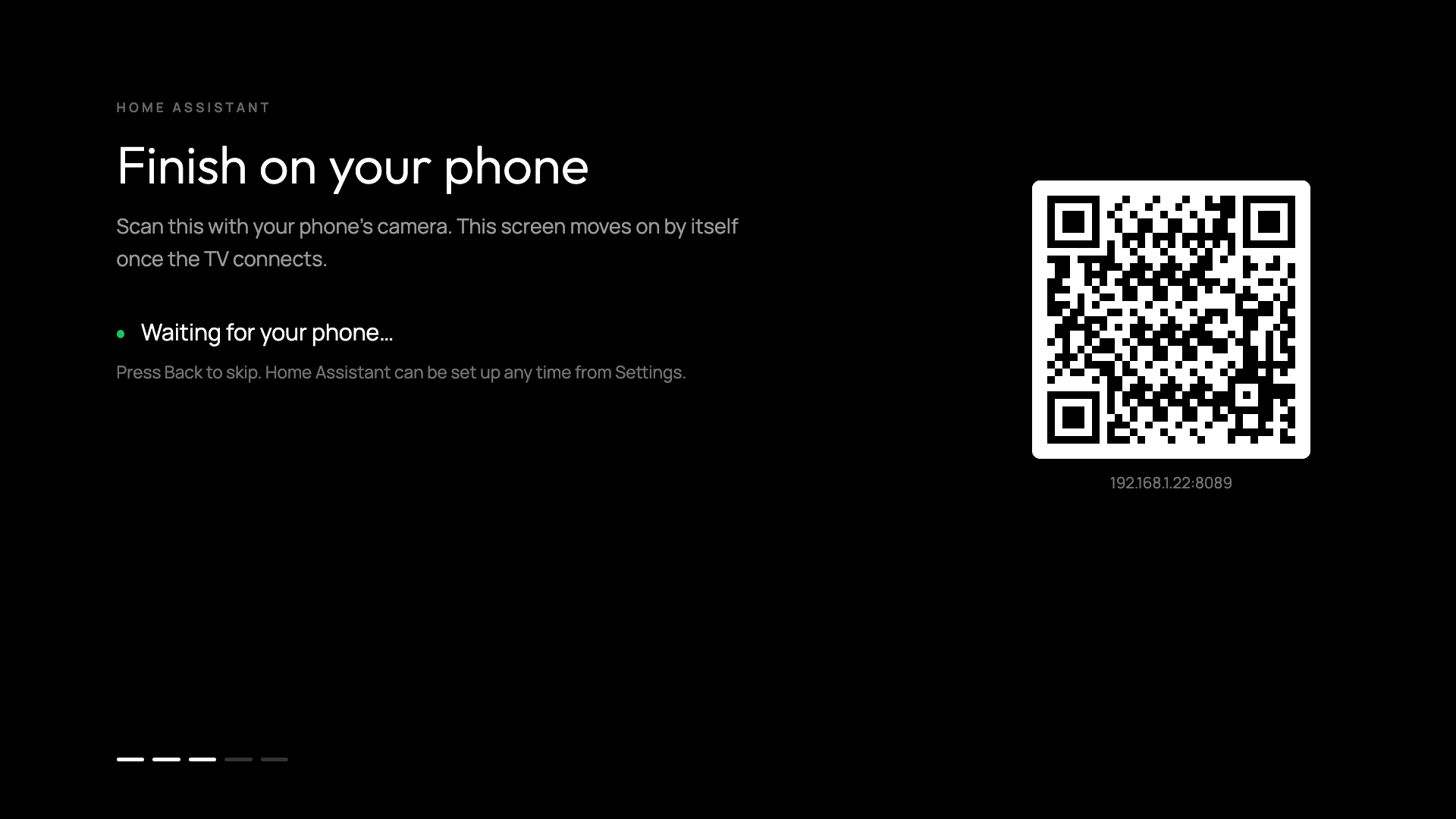 Home Assistant phone pairing QR code in the TV app setup wizard