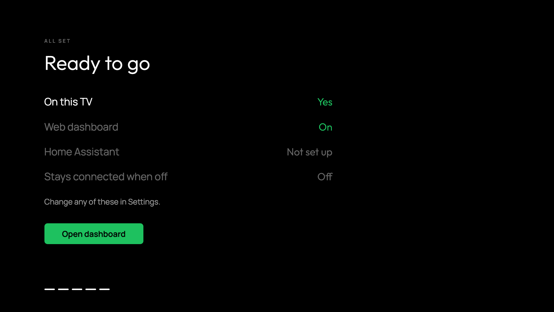 Setup wizard summary screen ready to open the dashboard