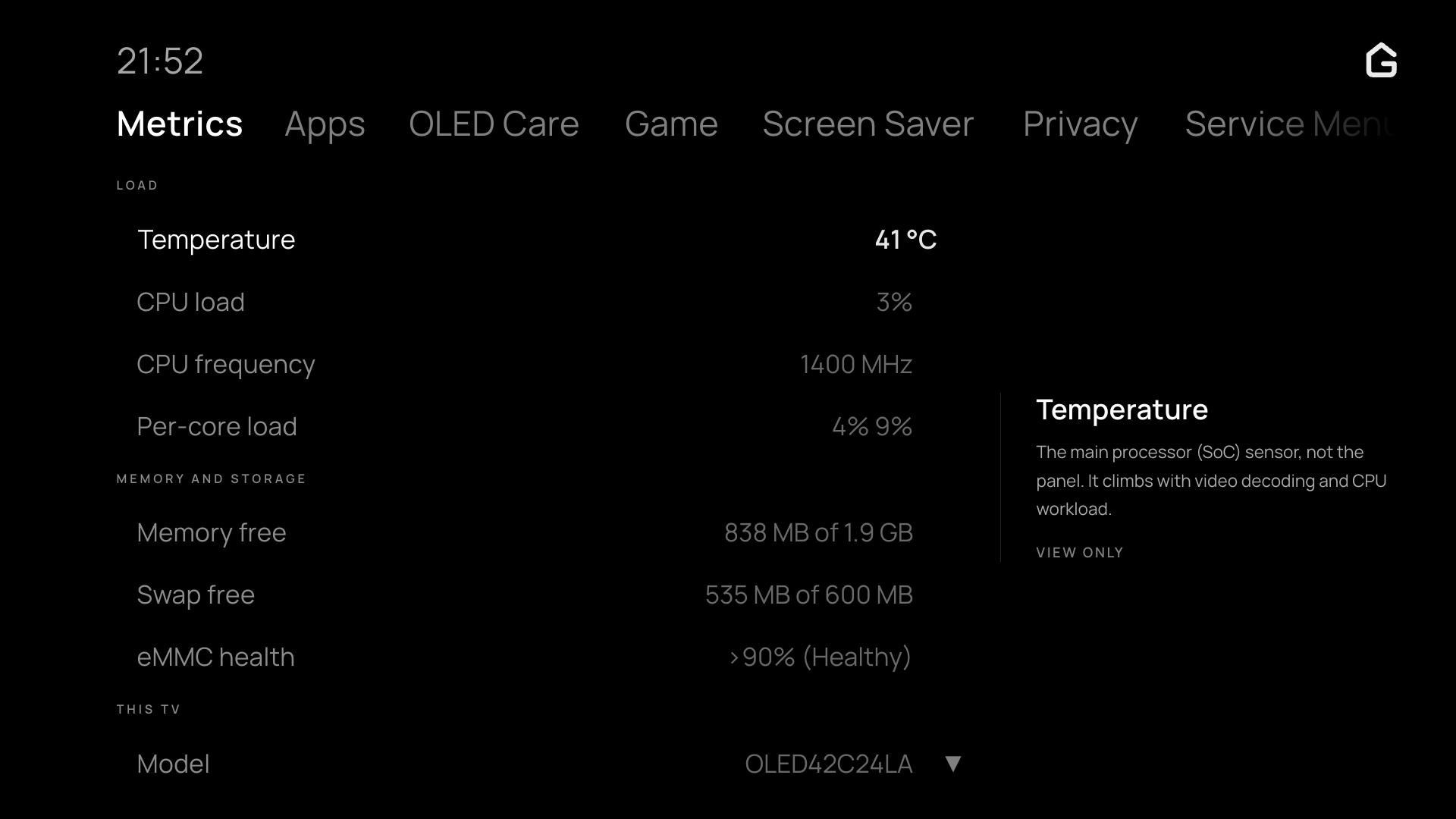 The Glasshouse TV app showing live hardware metrics, temperatures, and storage health on true black