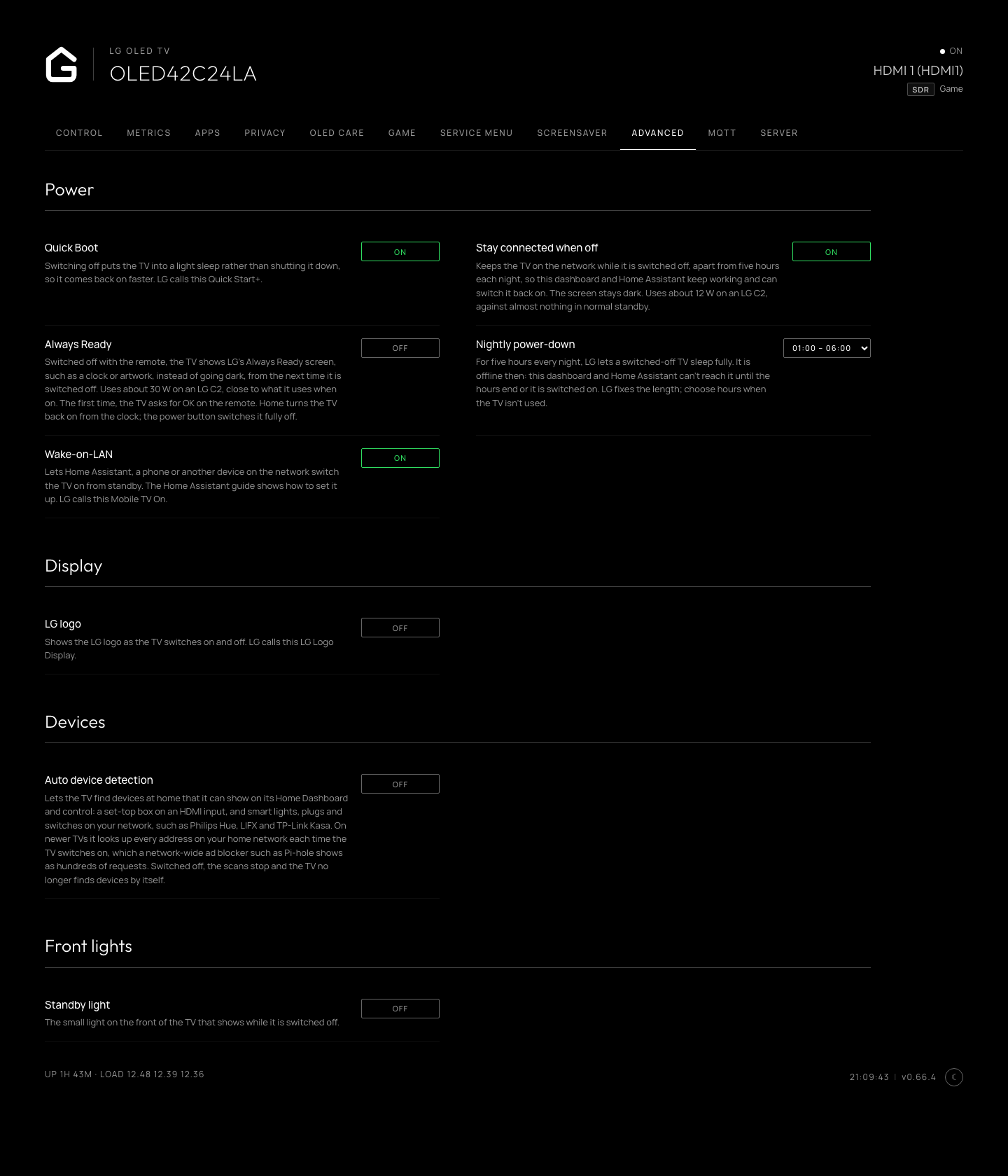 Advanced tab: Quick Boot, Stay connected when off with its nightly power-down hours, Wake-on-LAN, LG logo, auto device detection and the standby light