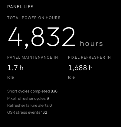 Panel life: total power-on hours, panel maintenance and Pixel Refresher countdowns