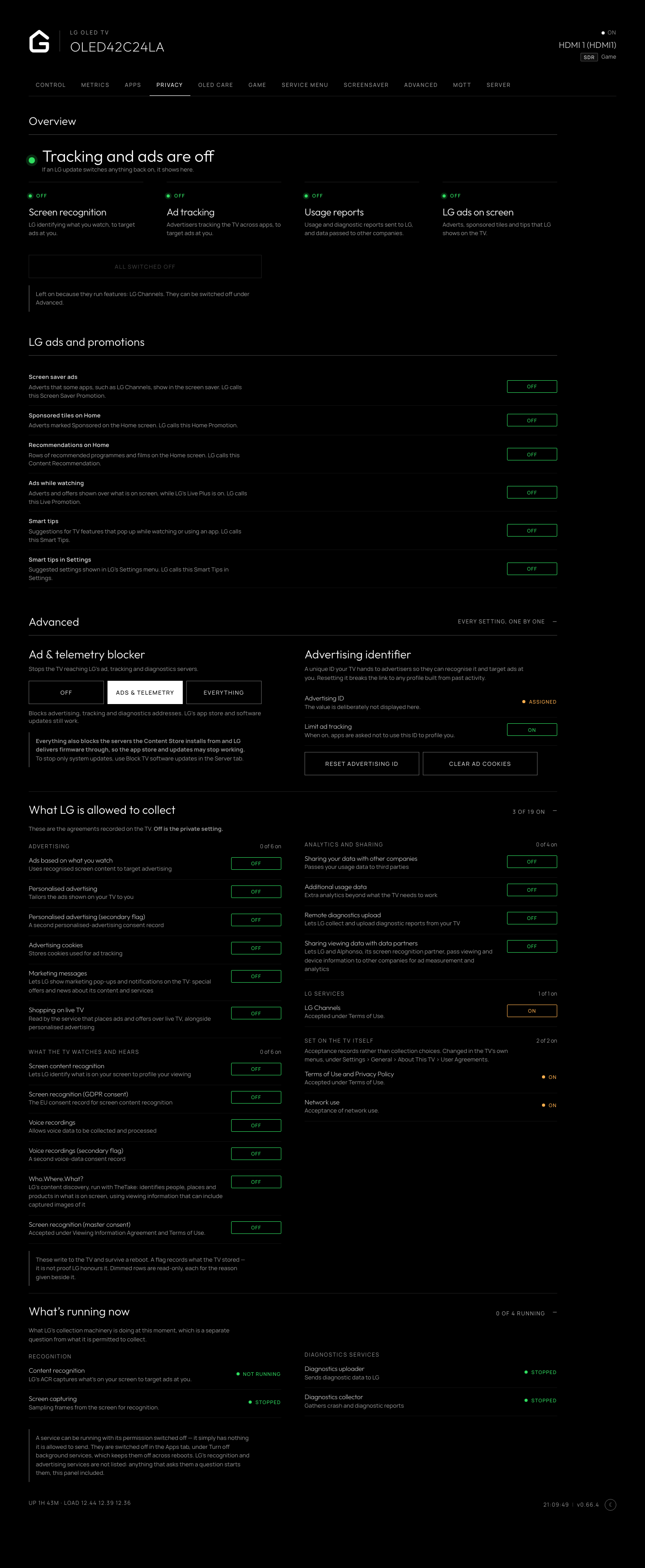 Privacy tab: an overview of what is still on, then the ad and telemetry blocker, advertising identifier, the data collection agreements grouped by subject with toggles, and what is running now