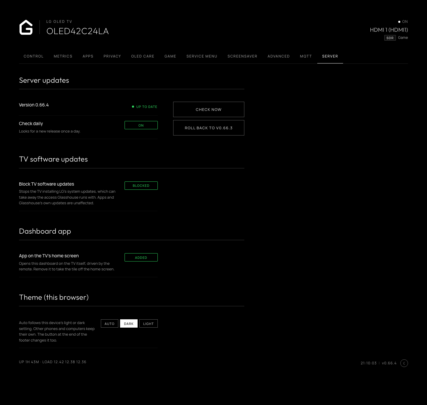 Server tab: version and daily check beside the update buttons, blocking the TV's own software updates, the dashboard app on the TV, and the theme for this browser
